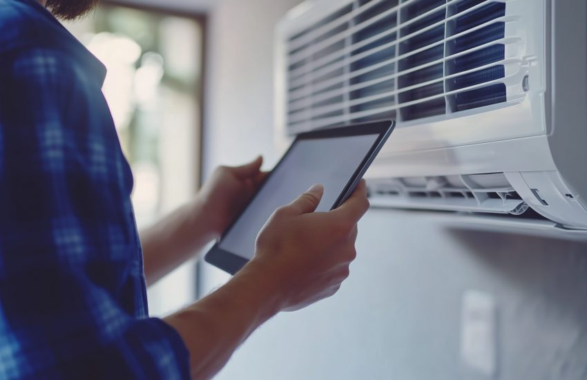 A technician is focused on installing a smart air conditioning unit with a tablet in hand, ensuring proper configuration in a bright, contemporary living space.